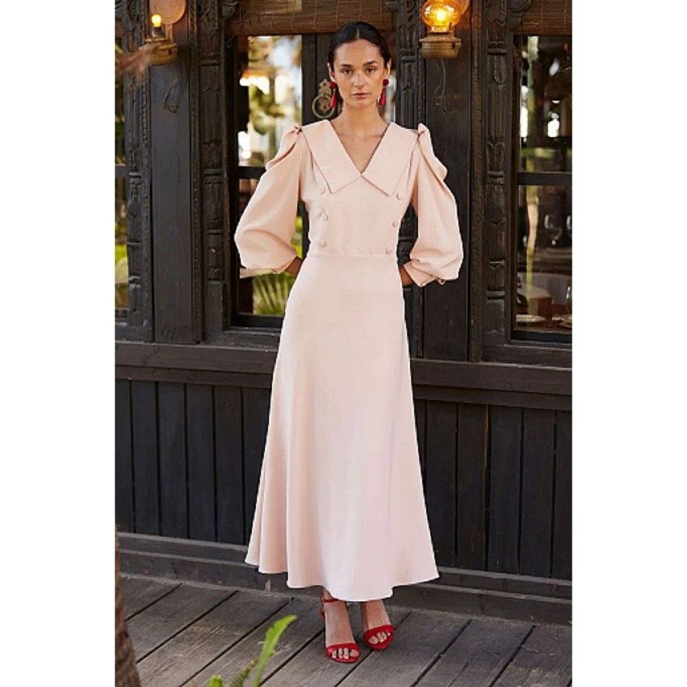 Coosy Soft Pink Retro Tuxedo Inspired Voluminous Long Sleeves Midi Maxi Dress